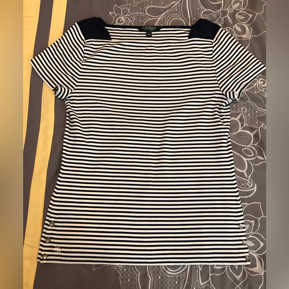 Ralph Lauren Nautical Striped Knit Top; Gold button trim.